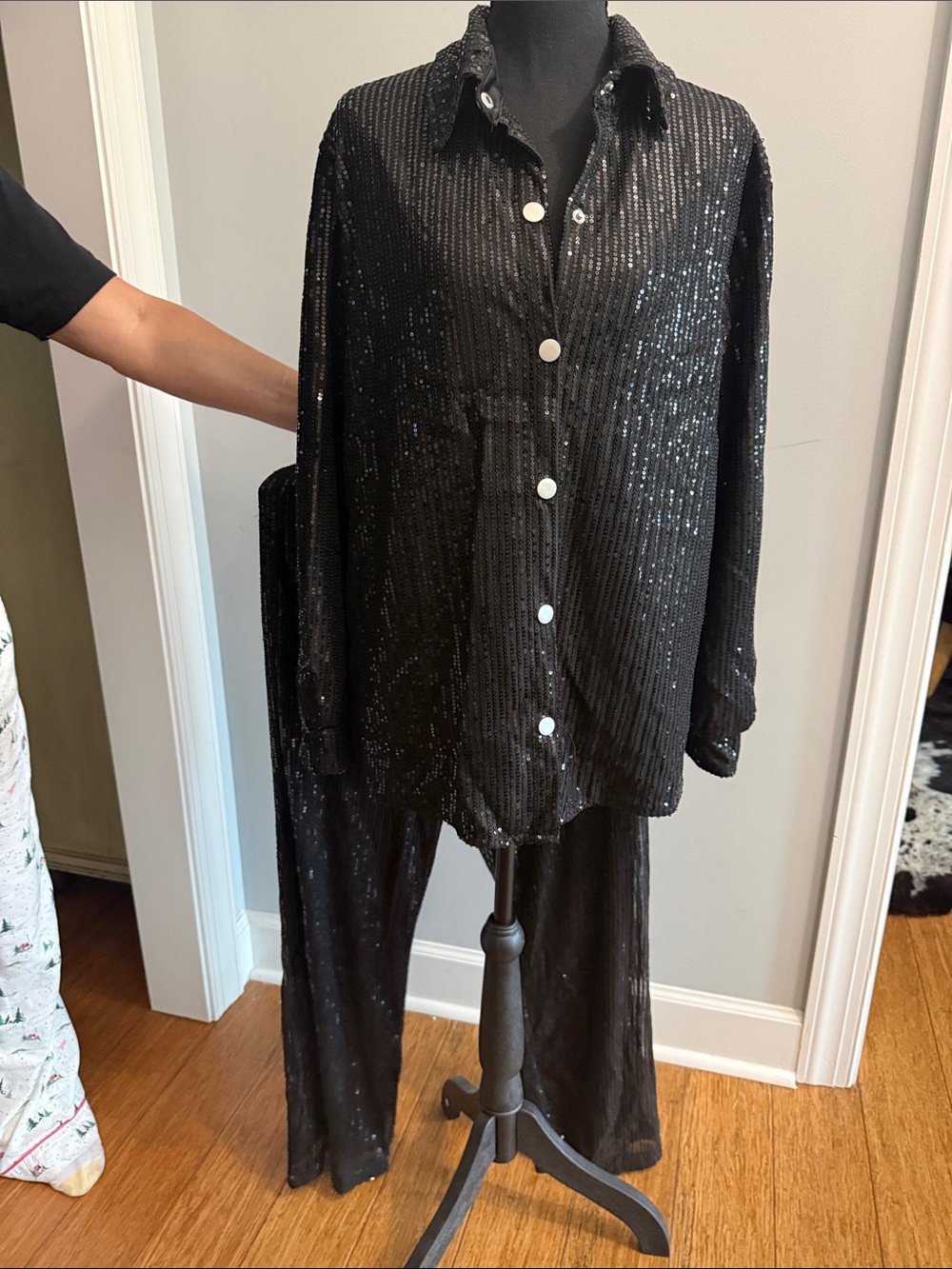 Black Sequin Button-Up Pants Set